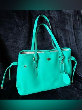 Coach Peyton Saffiano Leather Drawstring Carryall Tote Teal Shoulder Bag F29362